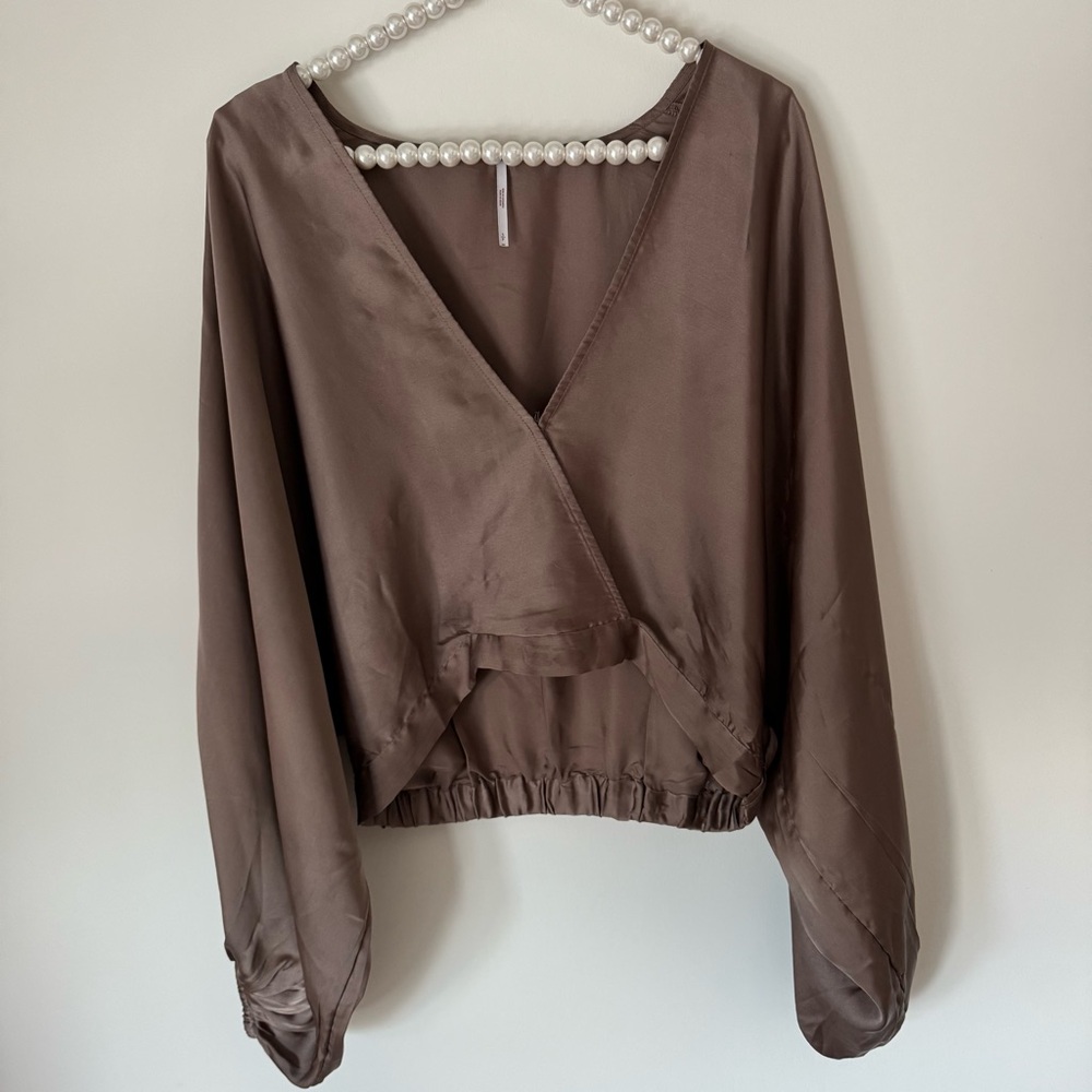 Free People brown satin long sleeve top